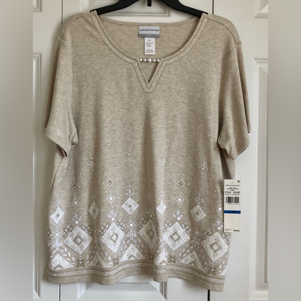 Alfred Dunner Women's Top PXL Beige Embroidered Diamont Border Beaded Pullover